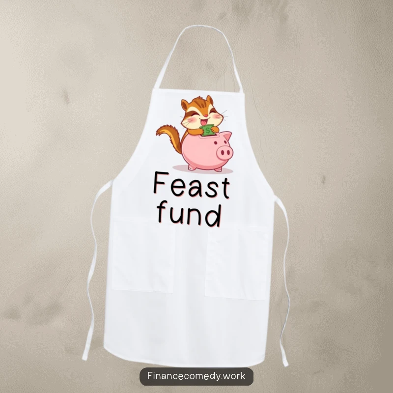 Funny chipmunk apron, determined character gleefully stuffing money into a piggy bank, perfect for kitchen and saving fun.