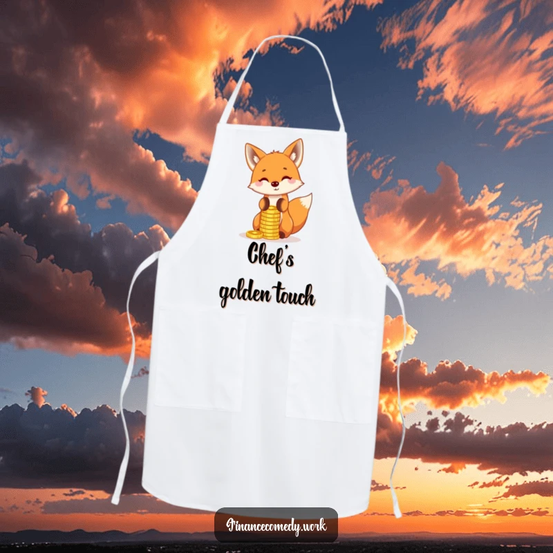 Funny fox apron, playful character balancing a stack of gold coins on its nose, perfect for kitchen and funny balancing acts.