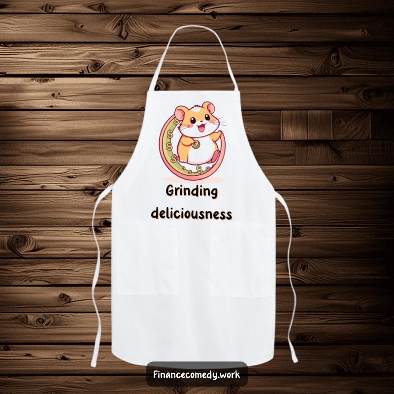 Funny hamster apron, happy character running on a wheel made of currency symbols, perfect for kitchen and funny energy.