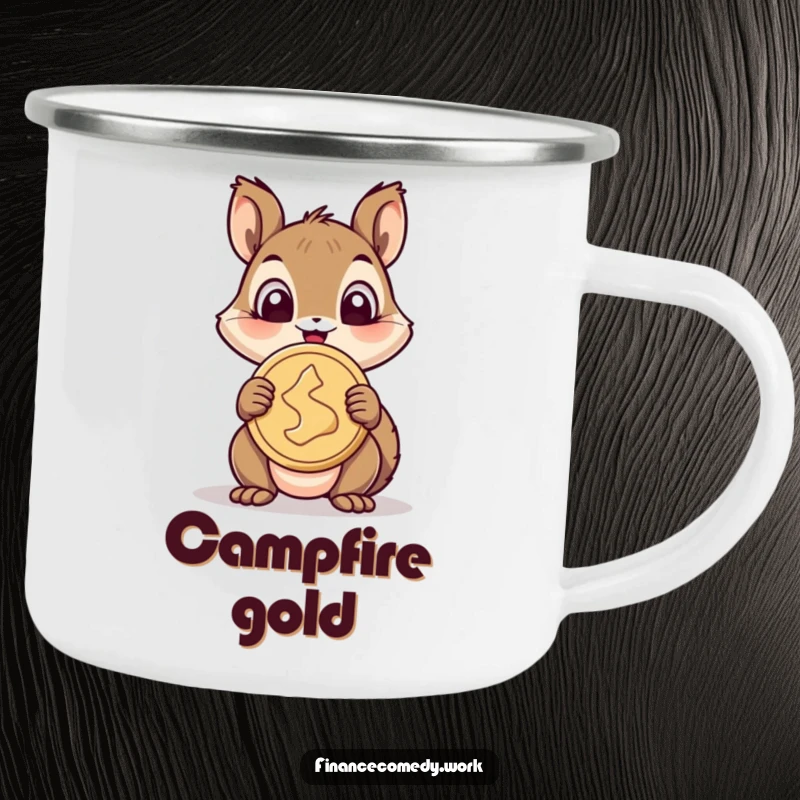 Funny squirrel camping mug, cheerful squirrel wide-eyed with delight holding a giant coin, perfect for outdoor adventures and coffee.