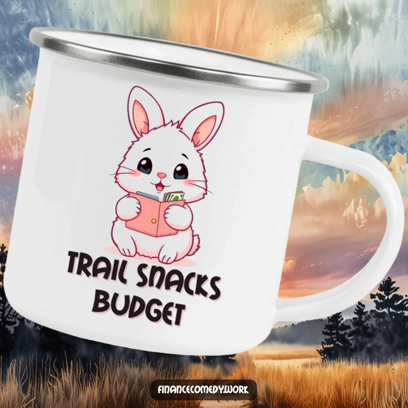 Funny bunny camping mug, fluffy rabbit with an open wallet looking surprised by its contents, perfect for outdoor adventures and coffee.