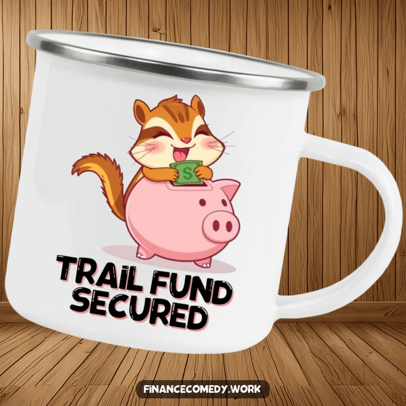 Funny chipmunk camping mug, determined chipmunk gleefully stuffing money into a piggy bank, perfect for outdoor adventures and coffee.