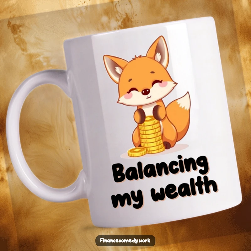 Funny fox mug, playful character balancing a stack of gold coins on its nose, symbolizing skill and humor, perfect funny gift.