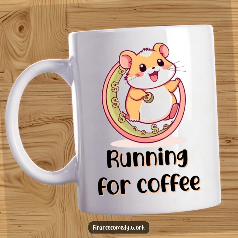 Funny hamster mug, happy character running on a wheel made of currency symbols, celebrating hustle and wealth, perfect funny gift.
