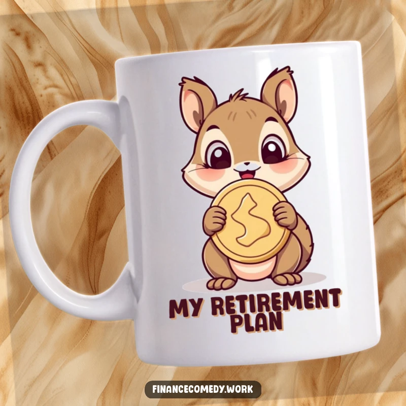 Funny squirrel mug with a giant coin, eyes wide with delight, celebrating wealth and happiness, perfect funny gift.