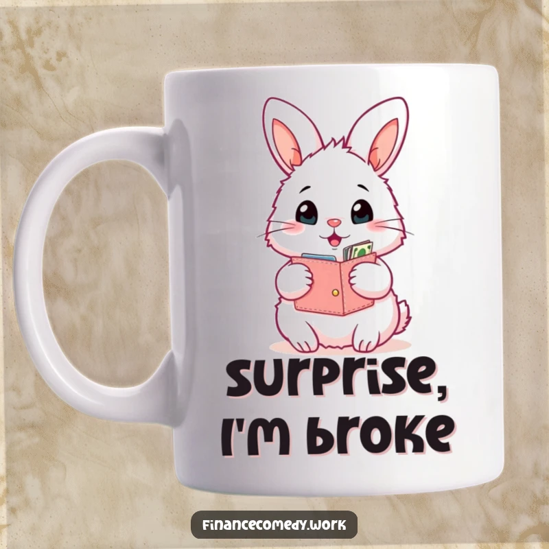 Funny bunny mug, a fluffy rabbit with an open wallet looking surprised by its contents, symbolizing unexpected joy and humor.