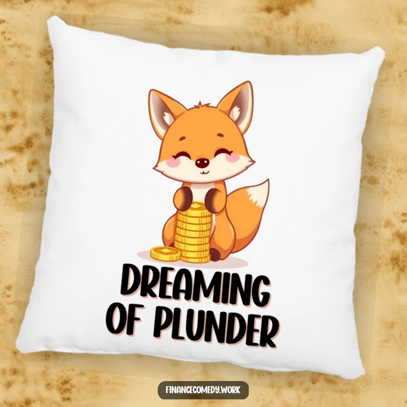 Funny fox pillow, playful character balancing a stack of gold coins on its nose, perfect for cozying up with humor.