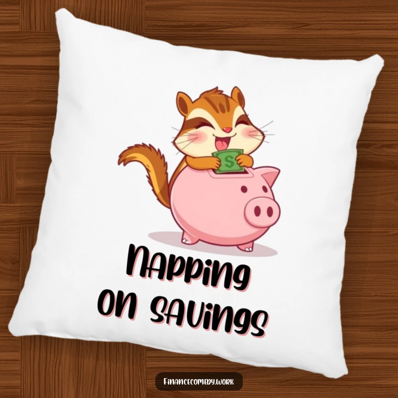 Funny chipmunk pillow, determined chipmunk gleefully stuffing money into a piggy bank, perfect for cozying up with financial humor.