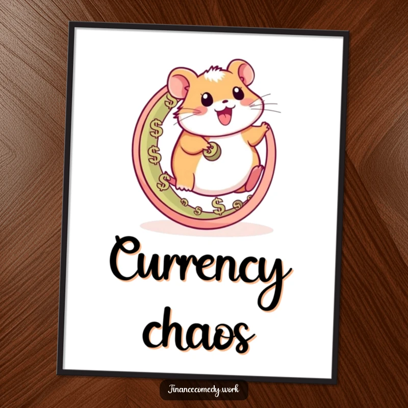 Funny hamster digital art print, happy character running on a wheel made of currency symbols, symbolizing hustle and fortune.
