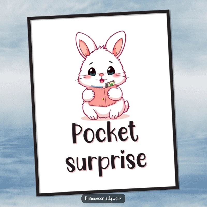 Funny bunny digital art print, fluffy rabbit with an open wallet looking surprised by its contents, symbolizing humor and surprise.