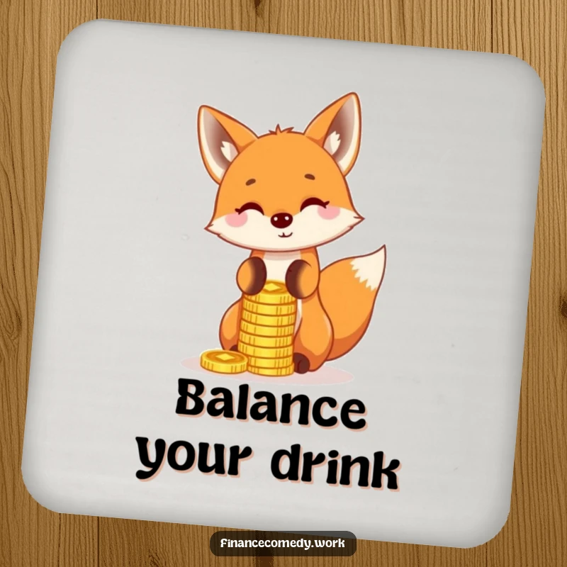 Funny fox coaster, playful character balancing a stack of gold coins on its nose, protecting surfaces with humor and skill.