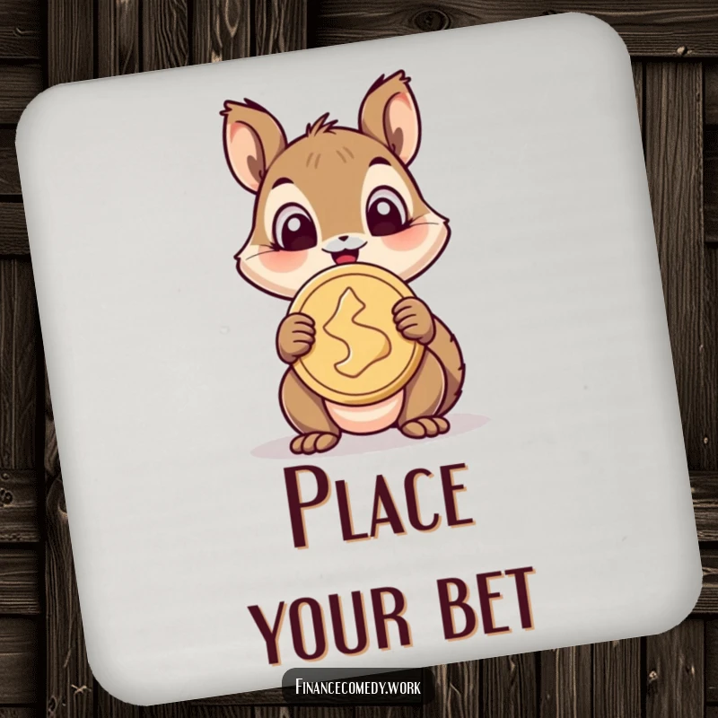 Funny squirrel coaster, cheerful squirrel wide-eyed with delight holding a giant coin, protecting surfaces with humor and style.