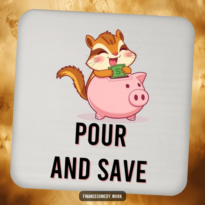 Funny chipmunk coaster, determined character gleefully stuffing money into a piggy bank, protecting surfaces with financial humor.