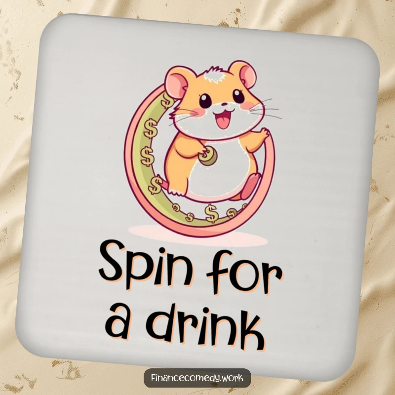 Funny hamster coaster, happy character running on a wheel made of currency symbols, protecting surfaces with humor and energy.