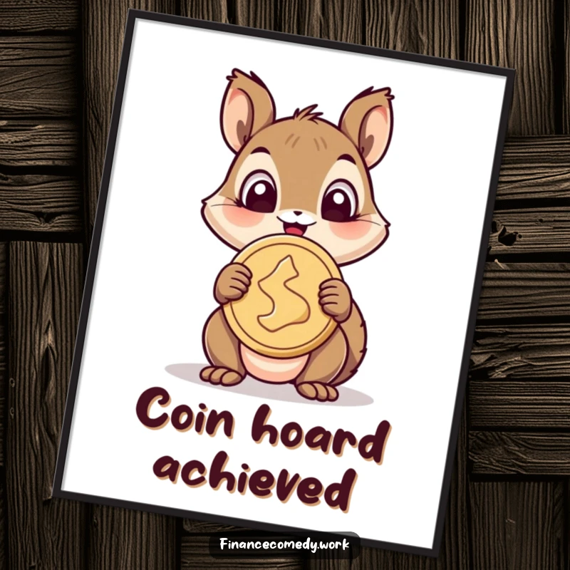 Funny squirrel poster, cheerful squirrel wide-eyed with delight holding a giant coin, symbolizing joy and abundance, funny wall art.