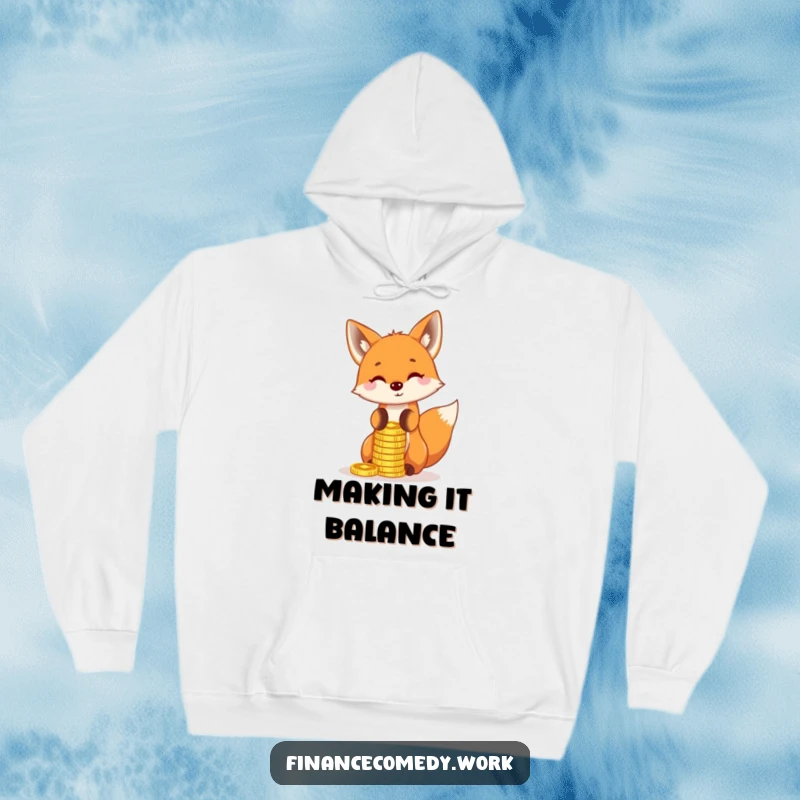Funny fox hoodie, playful character balancing a stack of gold coins on its nose, symbolizing skill and humor, cozy funny gift.