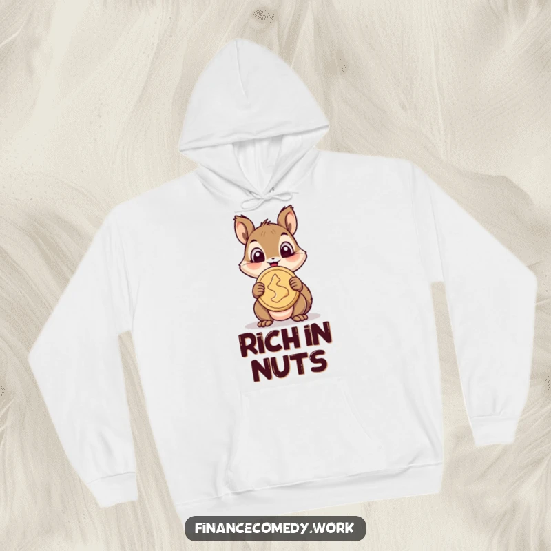 Funny squirrel hoodie, a cheerful squirrel wide-eyed with delight holding a giant coin, symbolizing prosperity, cozy funny gift.