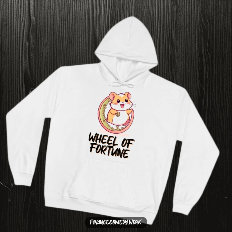 Funny hamster hoodie, happy character running on a wheel made of currency symbols, symbolizing energy and ambition, cozy funny gift.