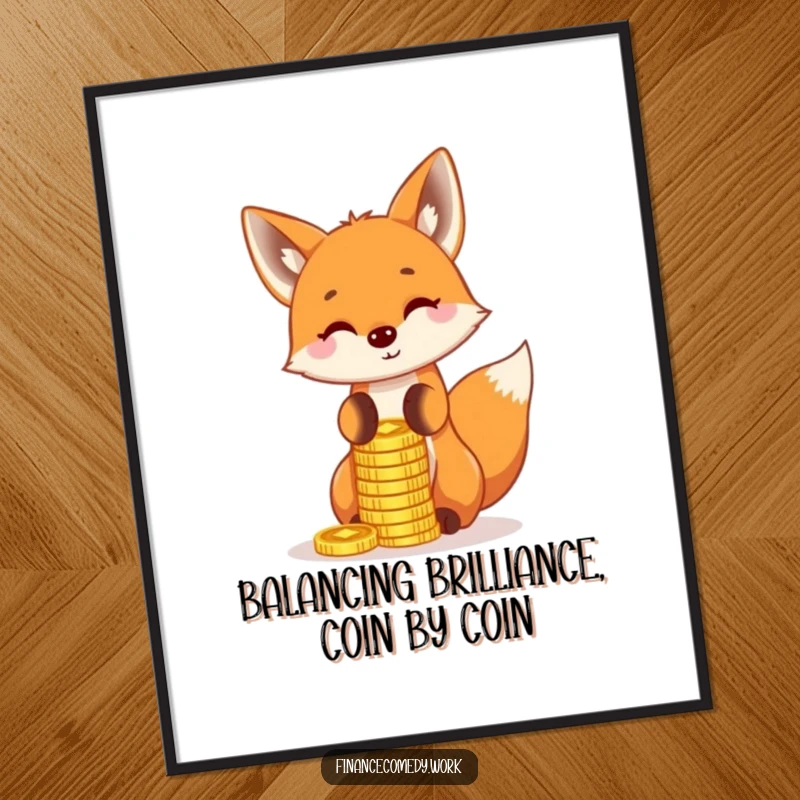 Funny Free Printable Wall Art: A playful fox balances a tall stack of gold coins on its nose with charm.
