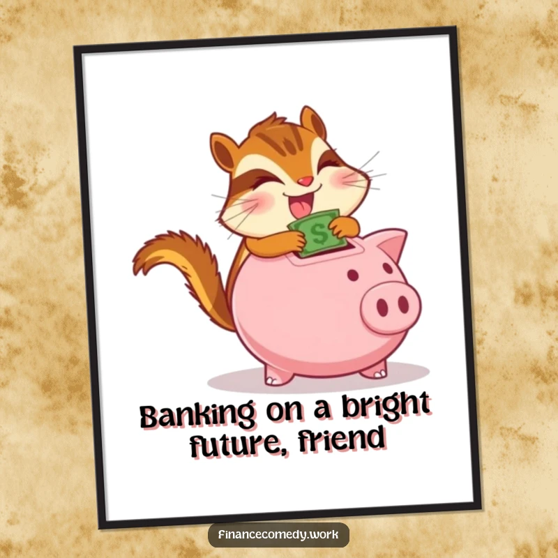 Funny Free Printable Wall Art: A determined chipmunk with glee stuffs money into a piggy bank, celebrating savings.