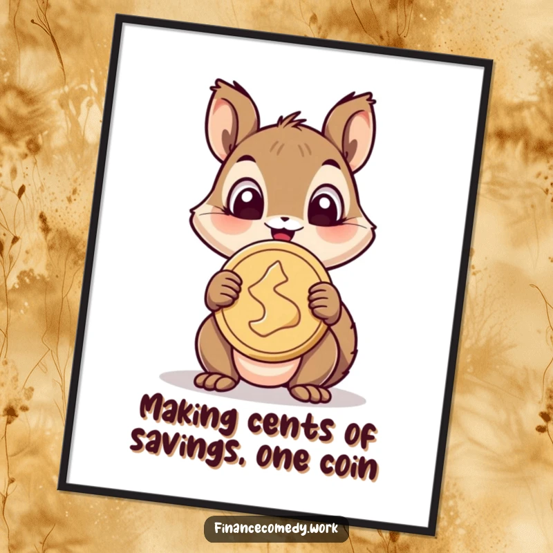 Funny Free Printable Wall Art: A happy squirrel gleefully clutches a massive golden coin, eyes sparkling with delight.
