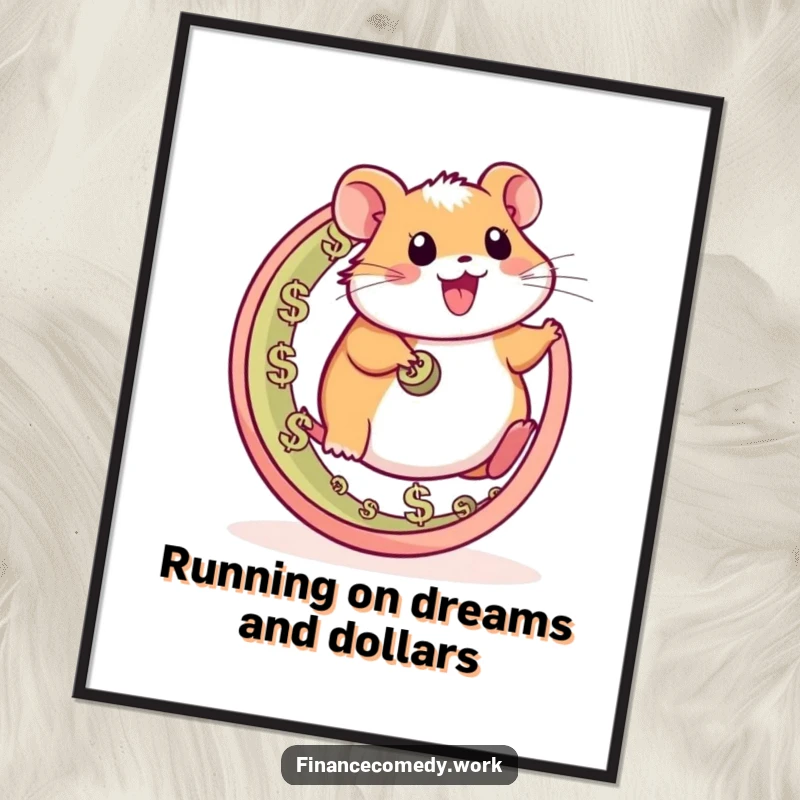 Funny Free Printable Wall Art: A happy hamster runs at full speed on a wheel made of currency symbols.
