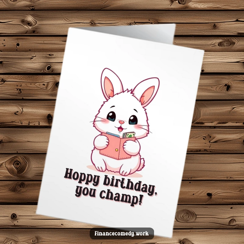 Funny Free Printable Birthday Card: A fluffy bunny looks shocked at its open wallet's surprising contents.