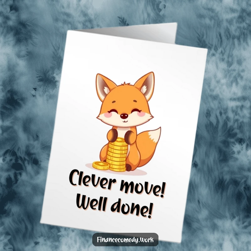 Funny Free Printable Congratulations Card: A sly fox balances a stack of gold coins on its nose, celebrating triumph.