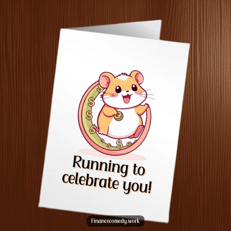 Funny Free Printable Congratulations Card: A happy hamster speeds on a wheel made of currency symbols, celebrating gains.