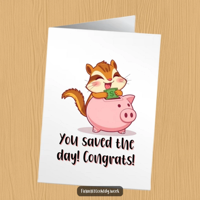 Funny Free Printable Congratulations Card: A determined chipmunk gleefully packs money into a piggy bank, celebrating success.