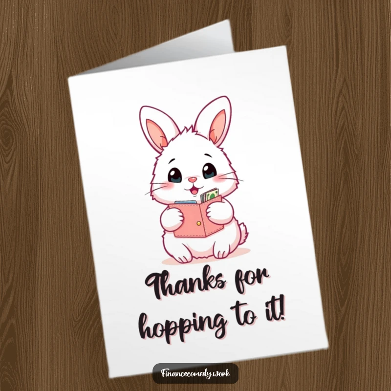 Funny Free Printable Thank You Card: A fluffy bunny looks surprised, wallet open, at its delightful contents.