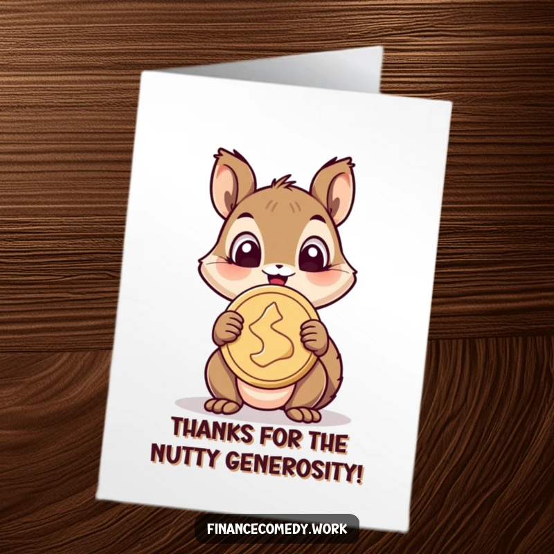 Funny Free Printable Thank You Card: A cheerful squirrel joyfully displays a giant coin, expressing thanks.
