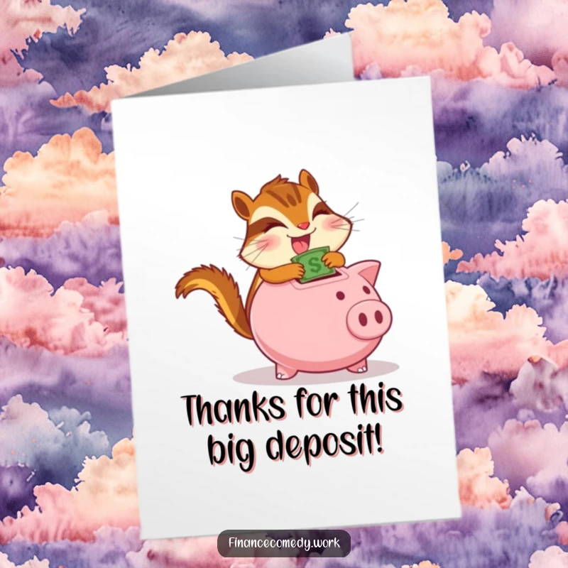 Funny Free Printable Thank You Card: A chipmunk gleefully shoves money into a piggy bank, showing thanks.