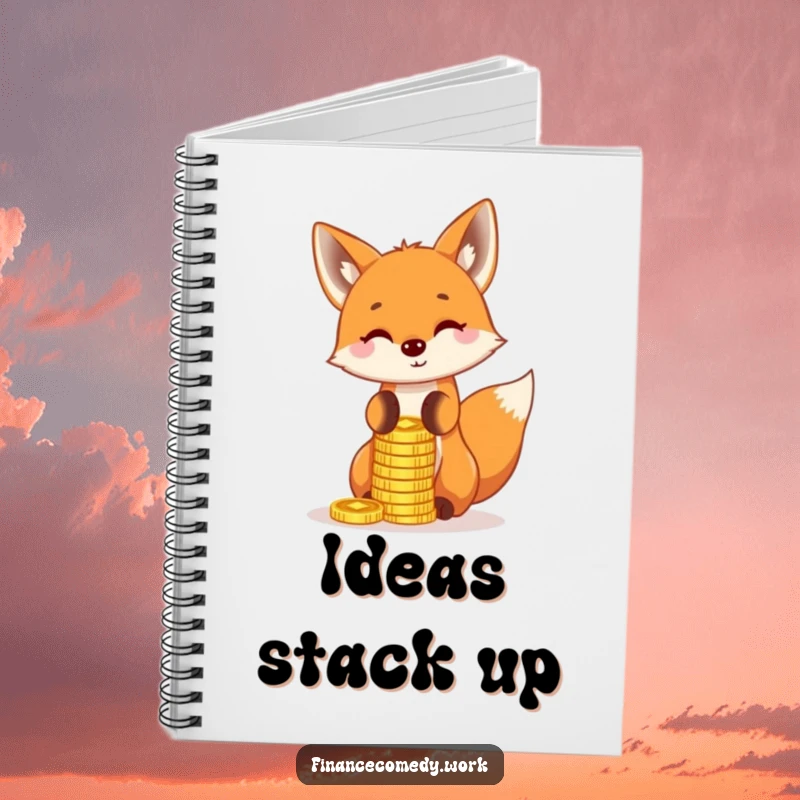 Funny fox notebook, playful character balancing a stack of gold coins on its nose, ideal for notes and funny plans.