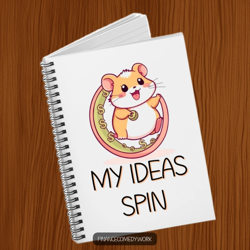Funny hamster notebook, happy character running on a wheel made of currency symbols, ideal for notes and funny plans.