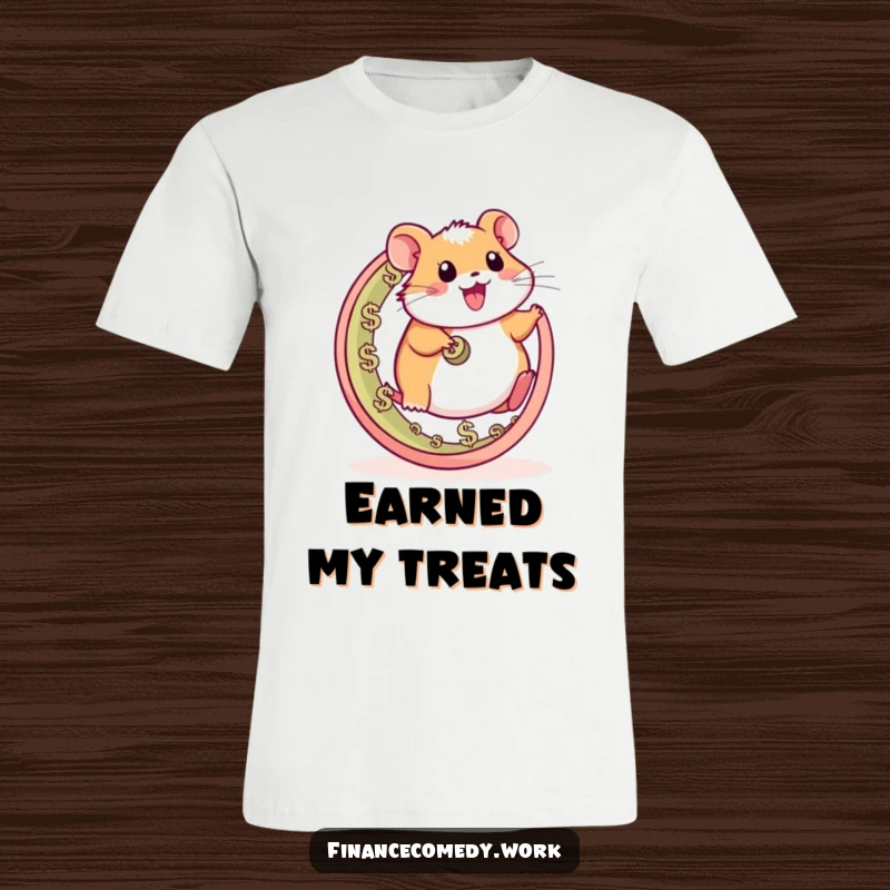 Funny hamster t-shirt, happy character running on a wheel made of currency symbols, symbolizing relentless hustle, excellent funny gift.