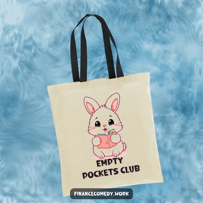 Funny bunny tote bag, fluffy rabbit with an open wallet looking surprised by its contents, perfect for shopping and carrying funny items.