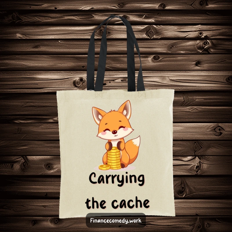 Funny fox tote bag, playful character balancing a stack of gold coins on its nose, perfect for shopping and carrying funny items.