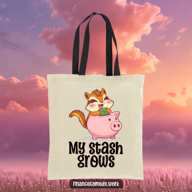 Funny chipmunk tote bag, determined character gleefully stuffing money into a piggy bank, symbolizing financial success, useful funny gift.